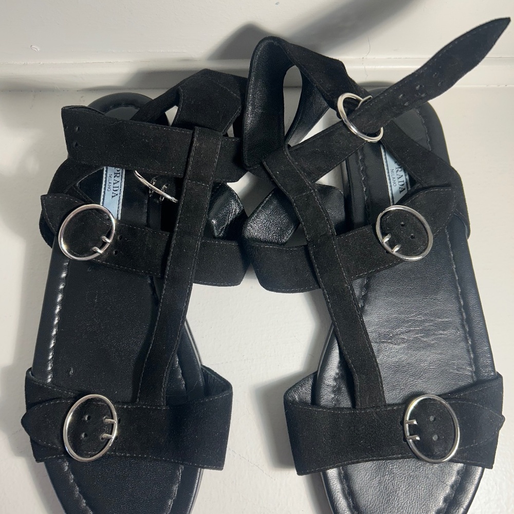 Prada Milano Women's Black Suede Buckle Strap Sandals Size 9/40